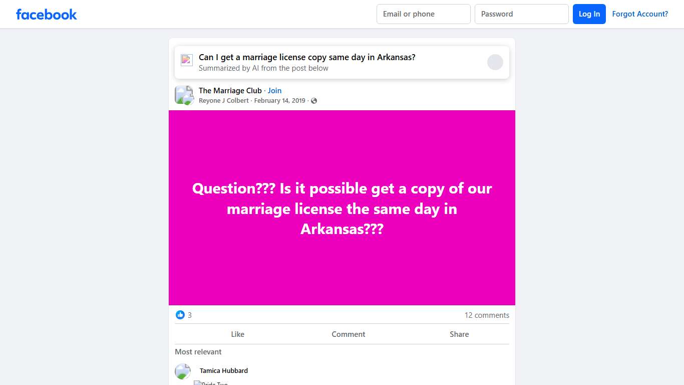 The Marriage Club Question??? Is it possible get a copy of our marriage license the same day in Arkansas Facebook